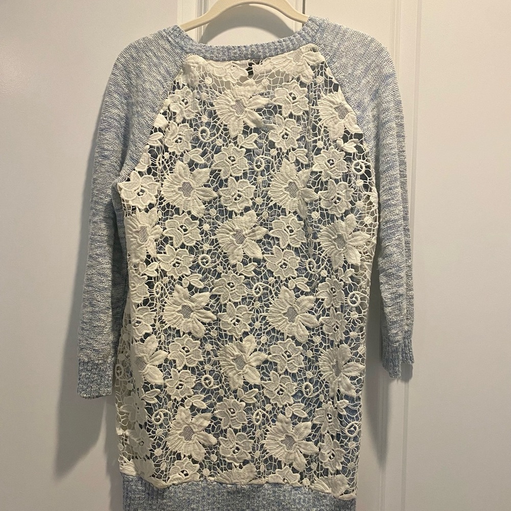 Cupio Light Blue Sweater w/ Cream Colored Crochet Lace Back Size XL